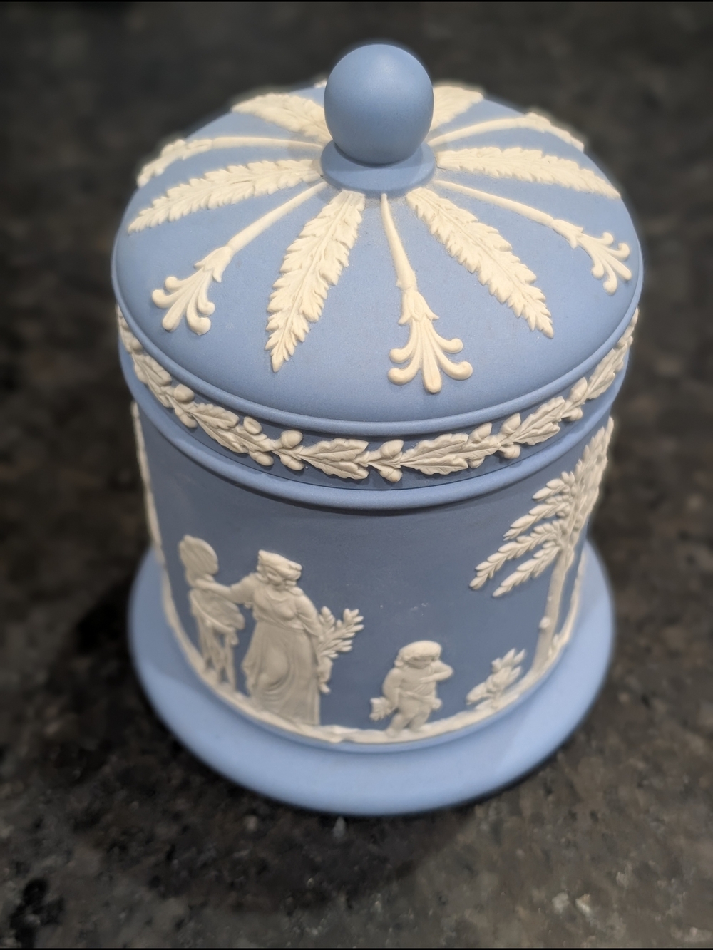 Wedgwood Pale Blue Jasperware Covered Trinket Jar with White Accents